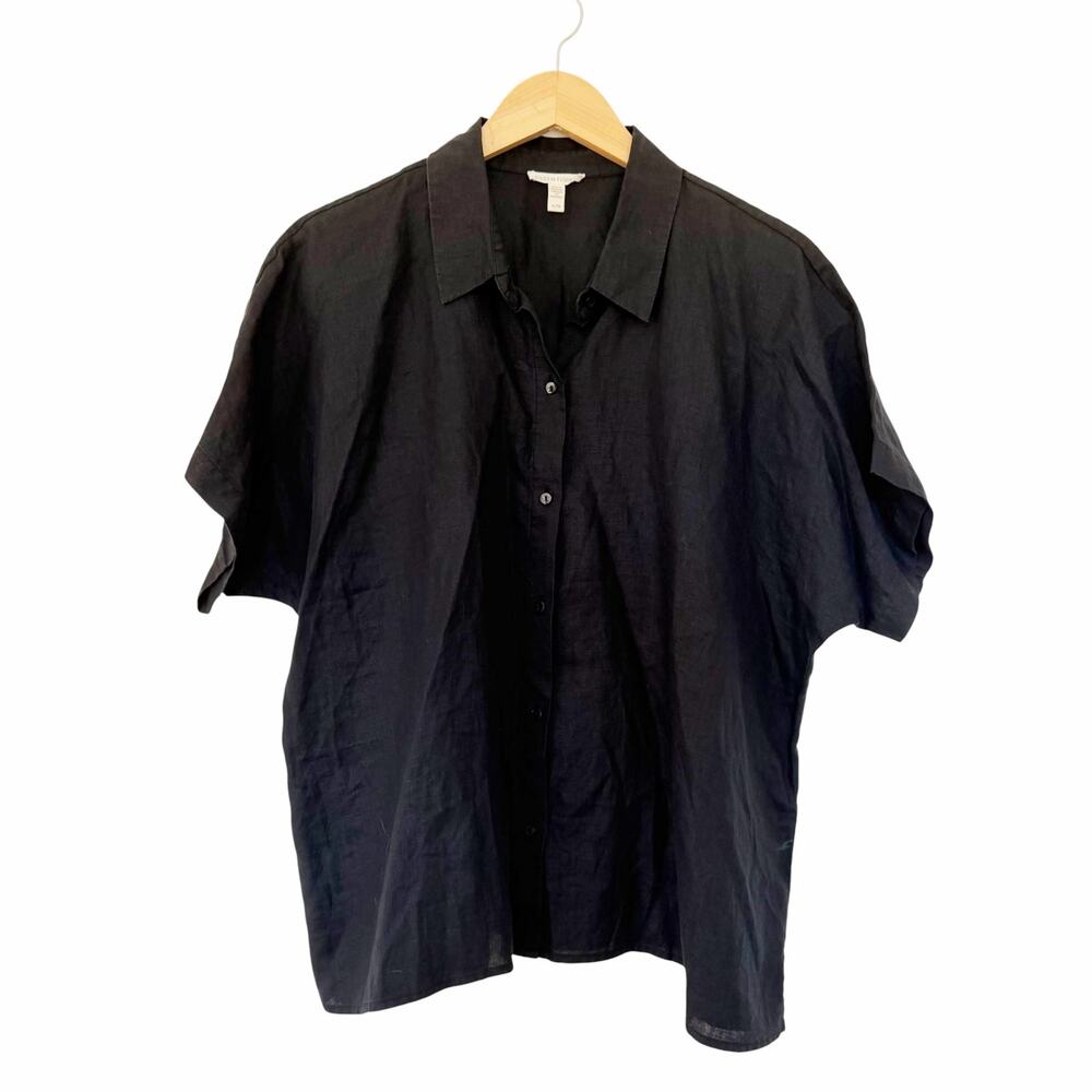 Eileen Fisher Black Linen Short Sleeve Button Down Sz XL
